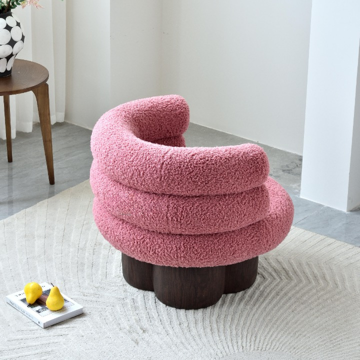 Pink Boucle Swivel Accent Chair with Plush Round Seat and Wood Base