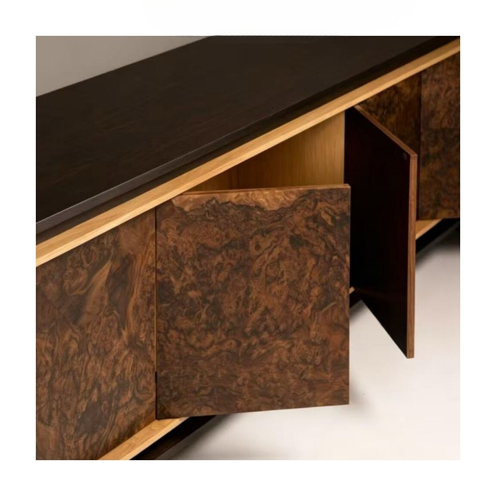 Burl Wood Grain Sideboard Cabinet, Low Dining Room Storage Cabinet with Black Frame and Gold Trim, Vintage Wabi Sabi Console for Living Room Entryway