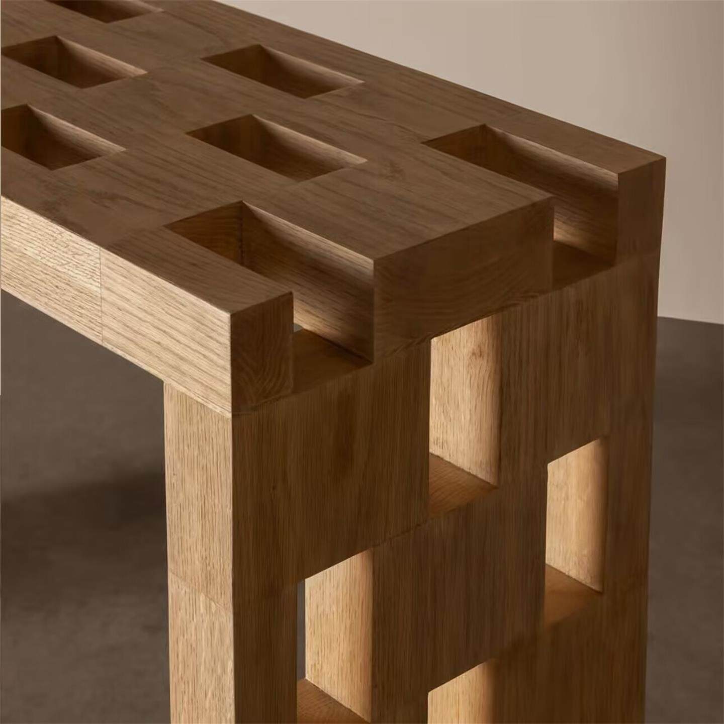 Solid Wood Console Table, 55 Inch Narrow Entryway Table with Geometric Open Base, Natural Wood Sofa Table for Hallway, Foyer, Living Room, Behind Couch, Entry Decor