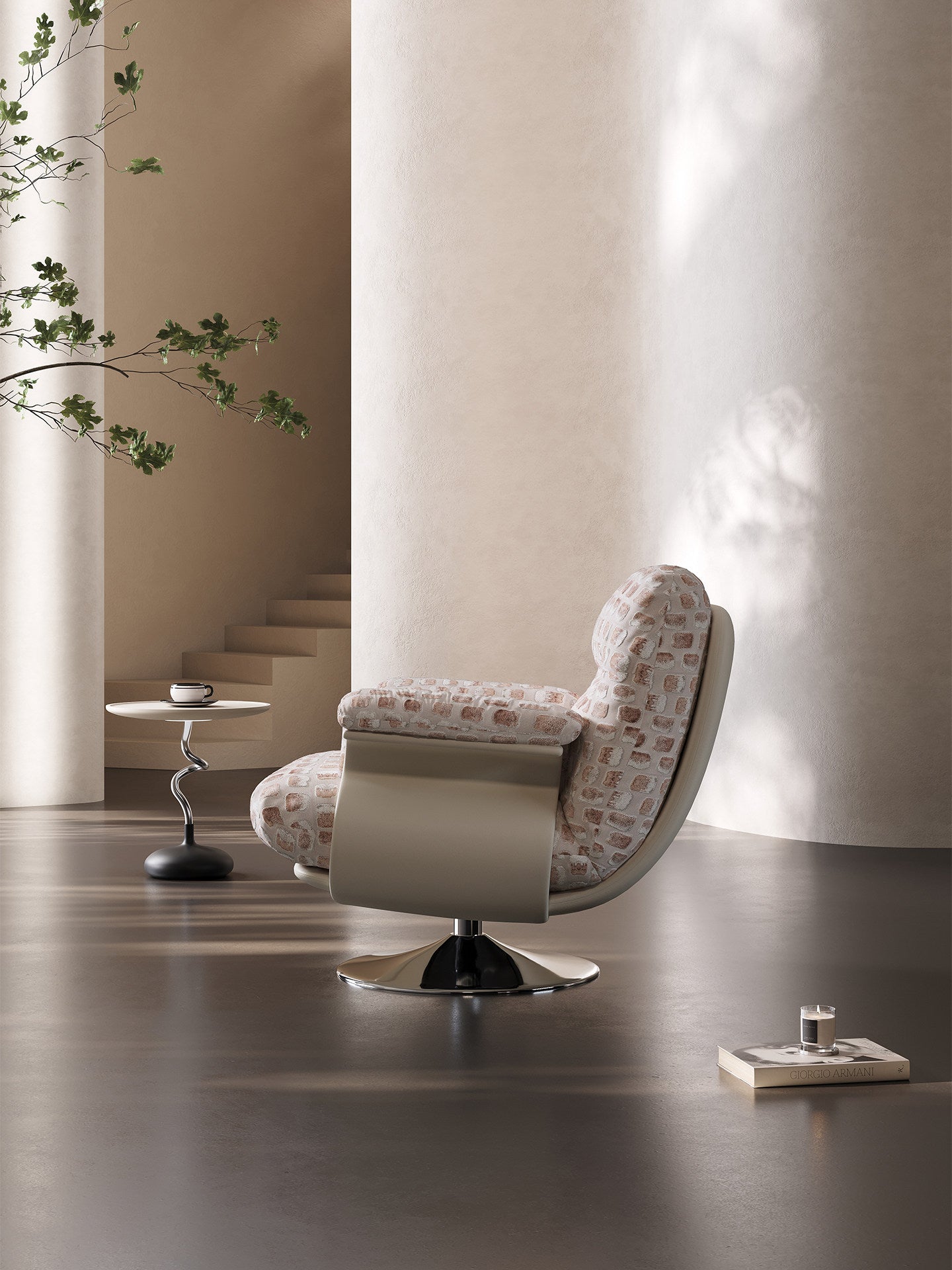 Modern Swivel Accent Chair with Ottoman, Upholstered Lounge Armchair and Footrest Set, High-Density Foam Reading Chair with Pedestal Base for Living Room, Bedroom and Office, Blush Beige
