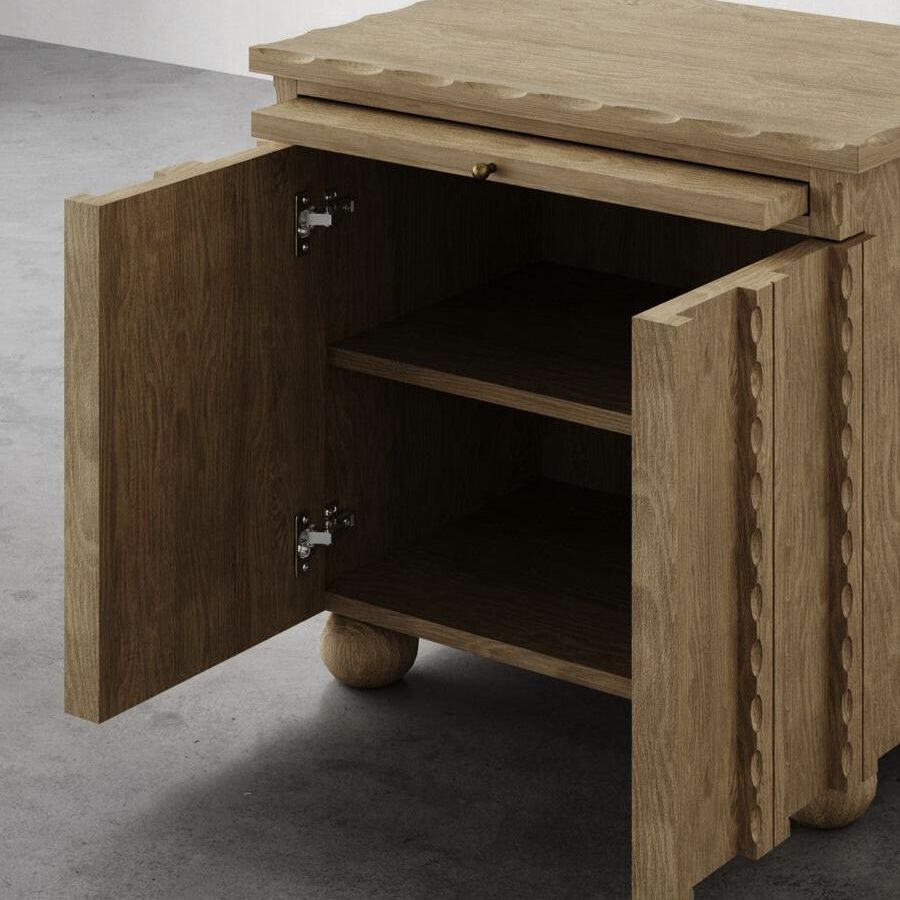 Solid Wood Nightstand with Drawer and Scalloped Cabinet Storage