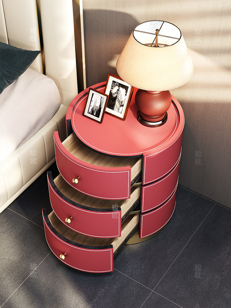 Rose Red Round Nightstand with 3 Drawers, Modern Leather Look Bedside Table with Gold Tone Base, Solid Wood Frame Accent Storage Cabinet for Bedroom, Living Room, Guest Room