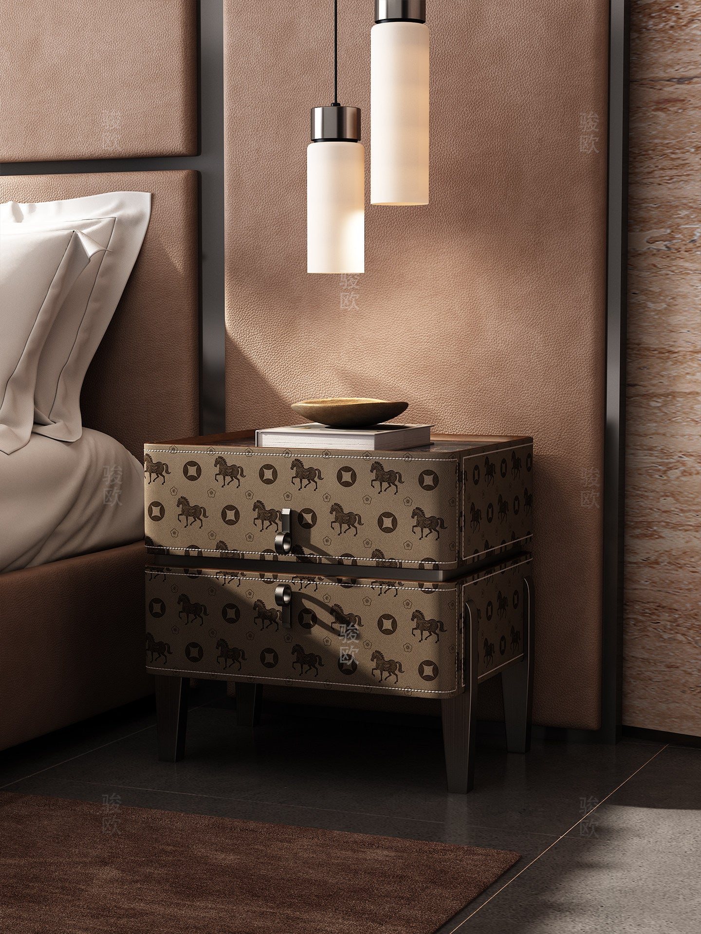 Brown Equestrian Pattern Nightstand with 2 Drawers, Modern Leather Look Bedside Table with Stone Pattern Top, Solid Wood Frame and Dark Legs, Luxury Accent End Table for Bedroom, Living Room