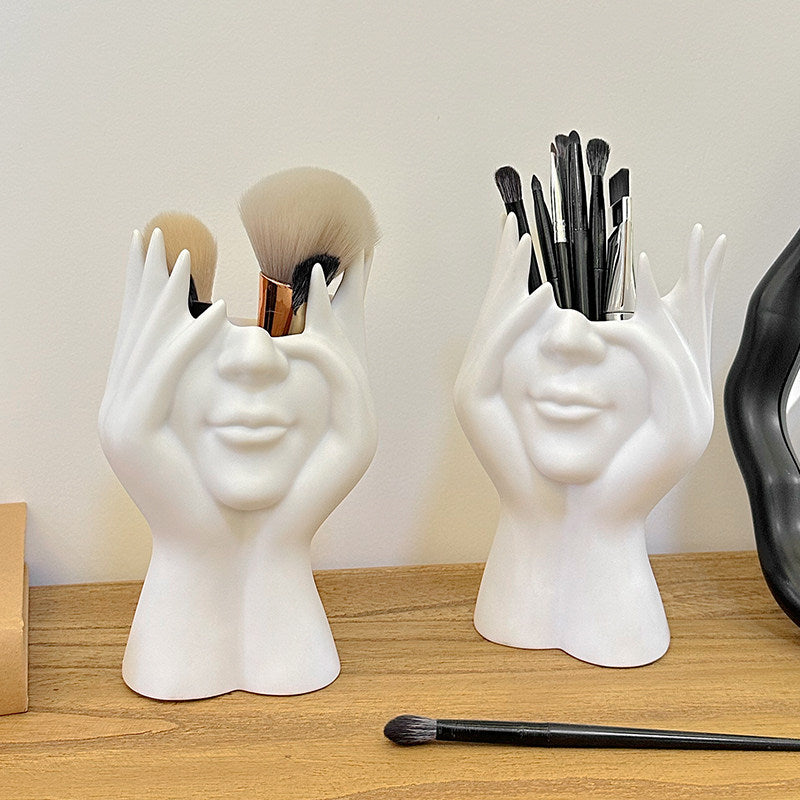 White Abstract Face Makeup Brush Holder, Sculptural Pen Cup
