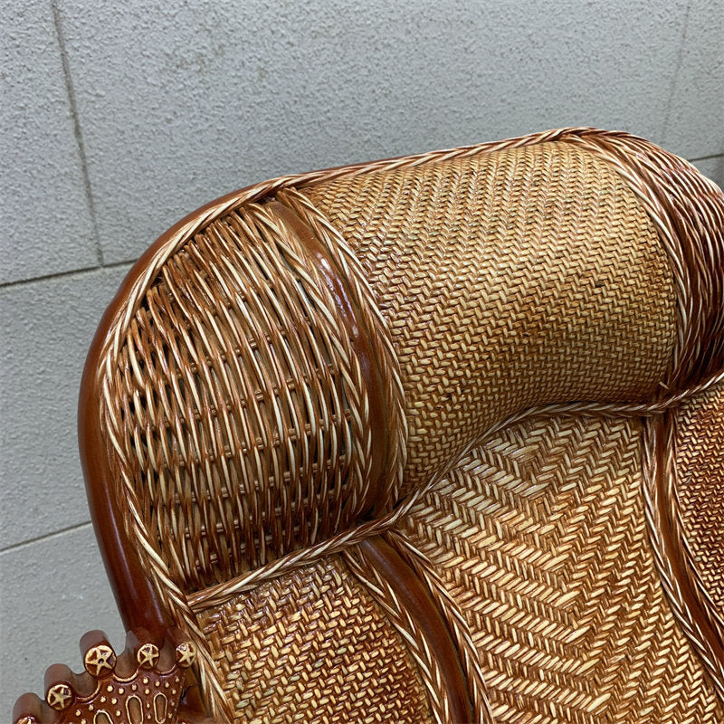 Natural Rattan Rocking Chair with Footrest, High Back Reclining Lounge Seat