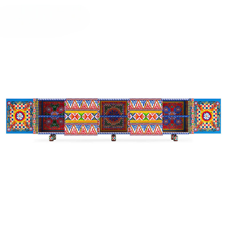 Luxury Extra Long TV Stand Entertainment Center Colorful Artistic Media Console Cabinet Modern Hand Painted Sideboard Storage Cabinet for Living Room Hallway