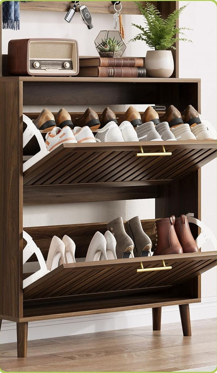Walnut Hall Tree with 7 Hooks and 2 Flip-Down Shoe Drawers