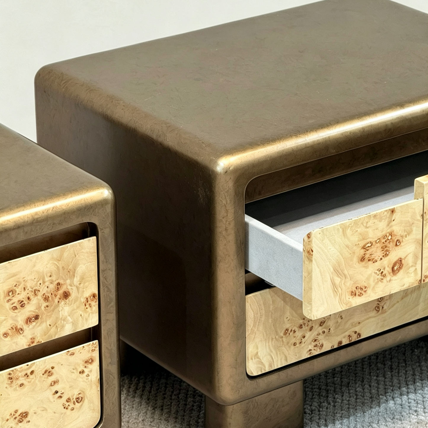 Brown Burl Veneer Nightstand with Storage Drawers for Bedroom