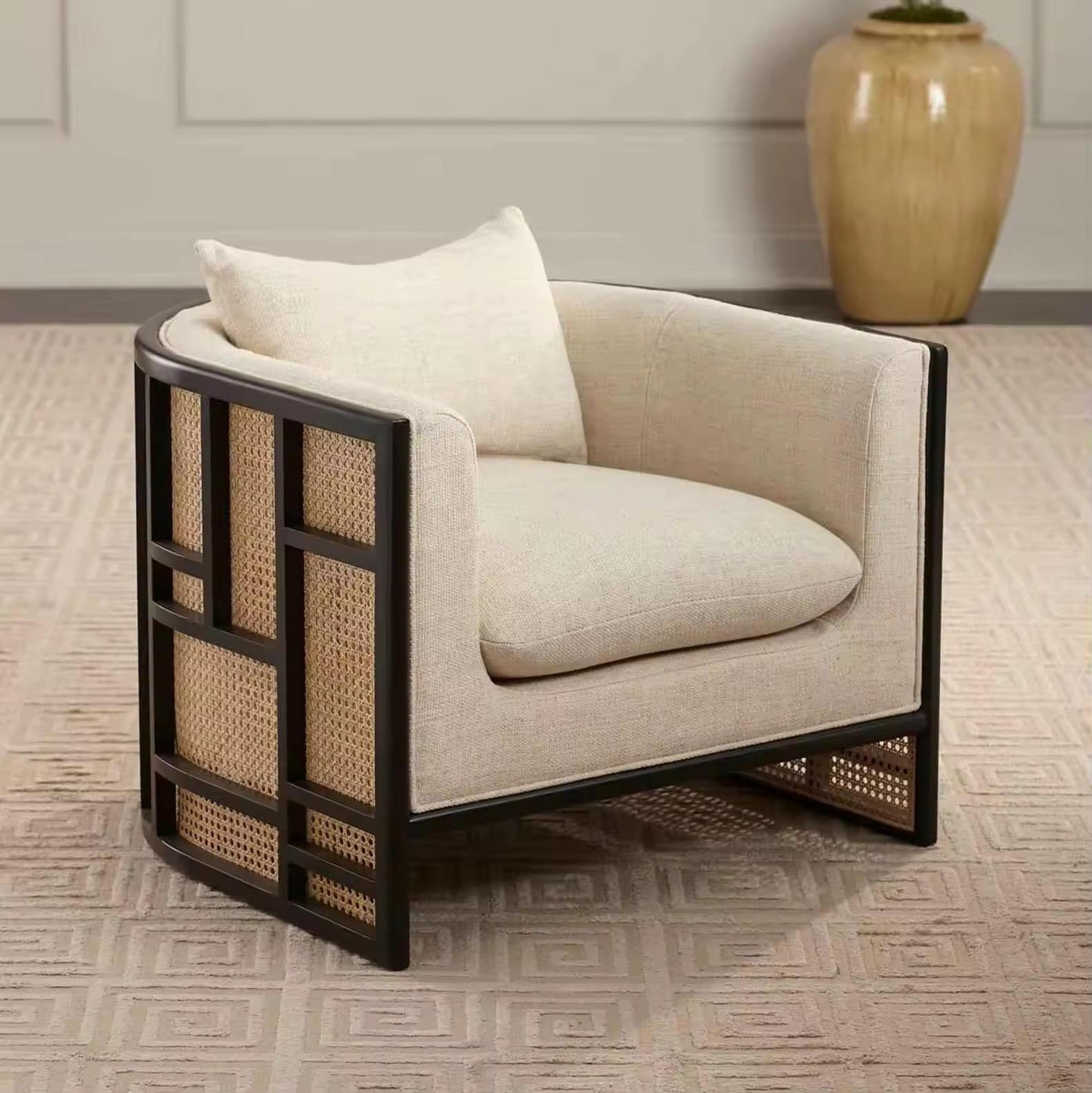 Cream Fabric Accent Chair with Black Wood Frame and Cane Panels