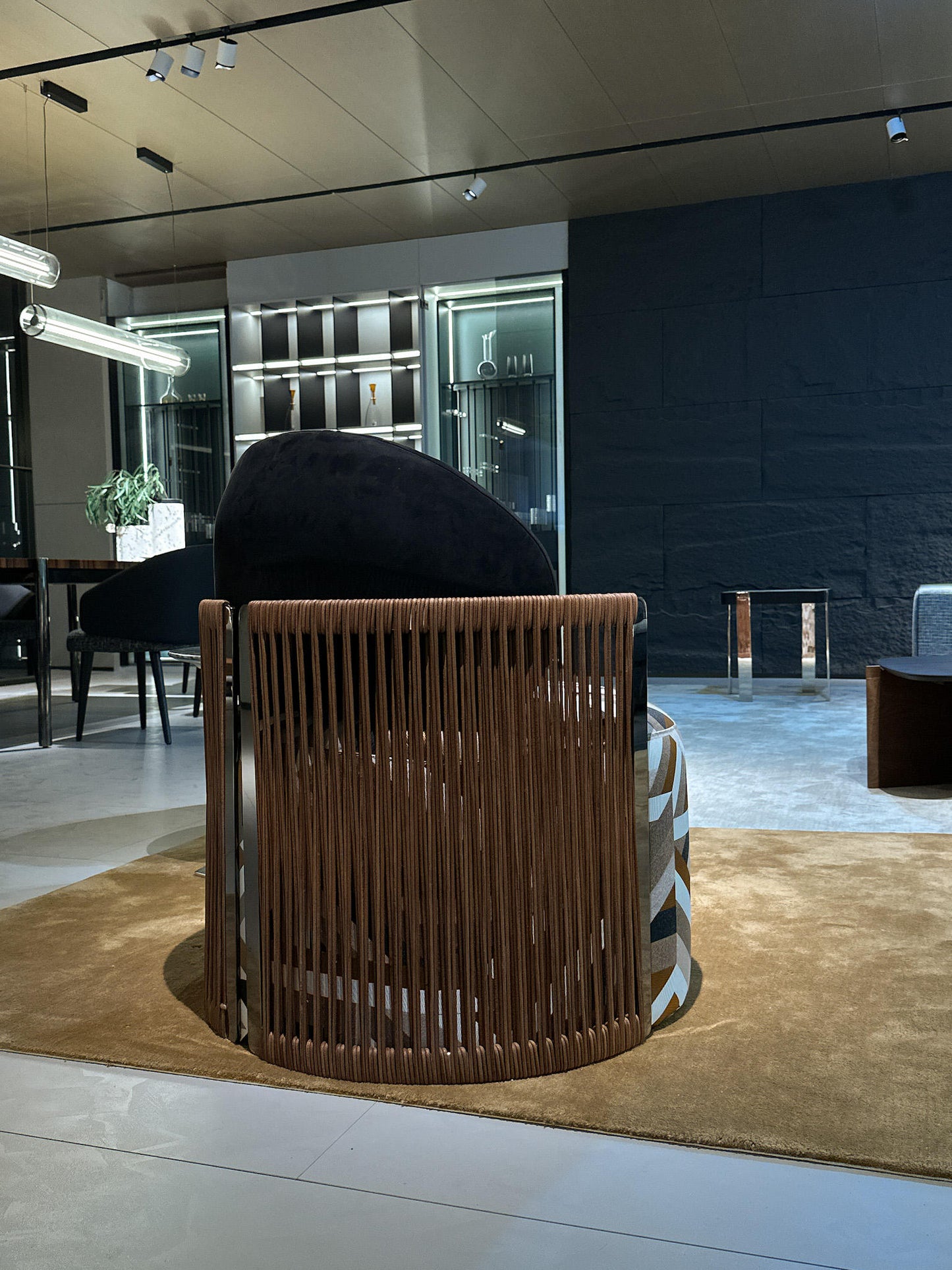 Black Velvet Accent Chair with Geometric Fabric Seat and Wood Arms
