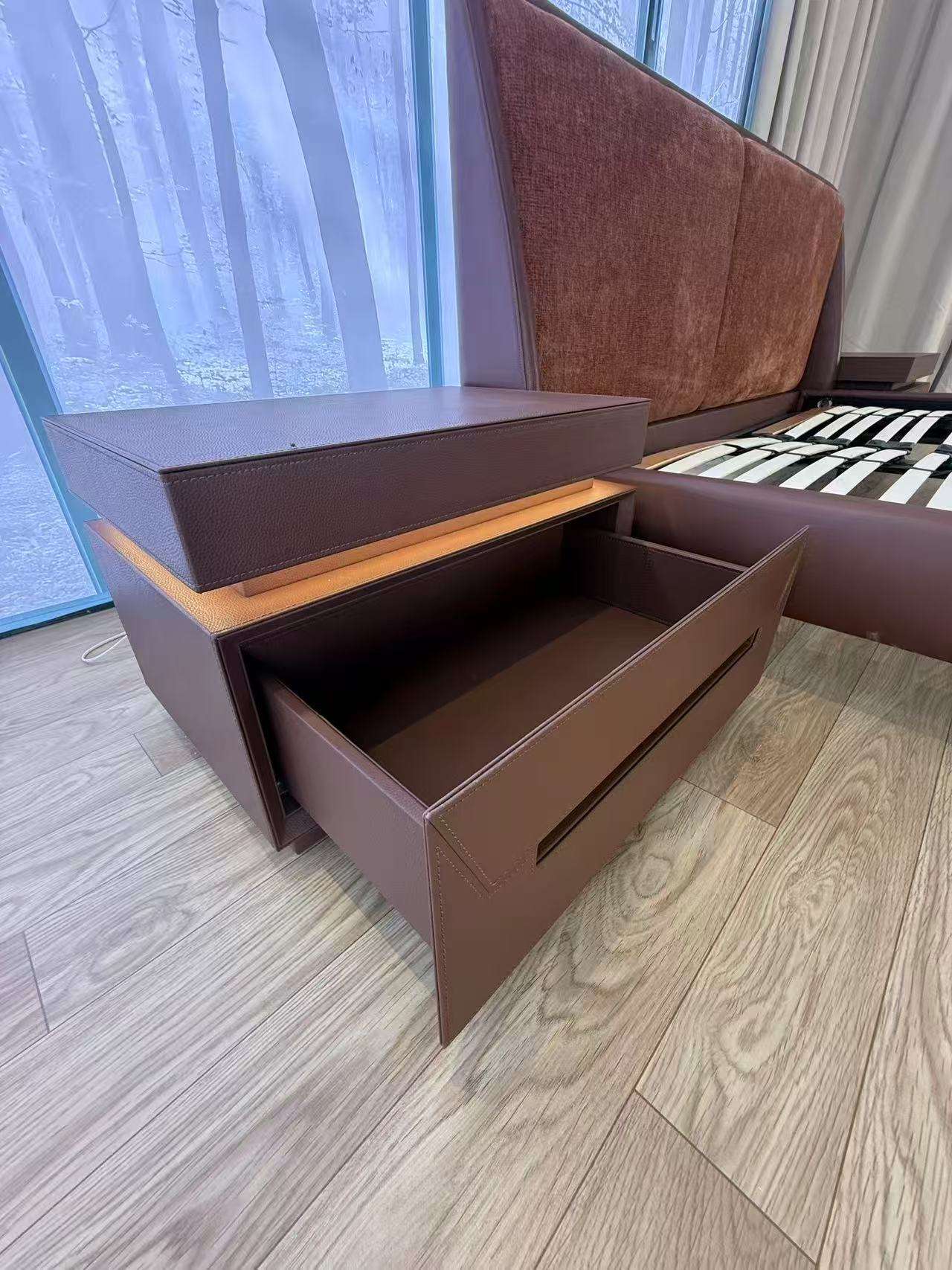 Brown Leather-Wrapped Nightstand with Sensor Light and Drawer