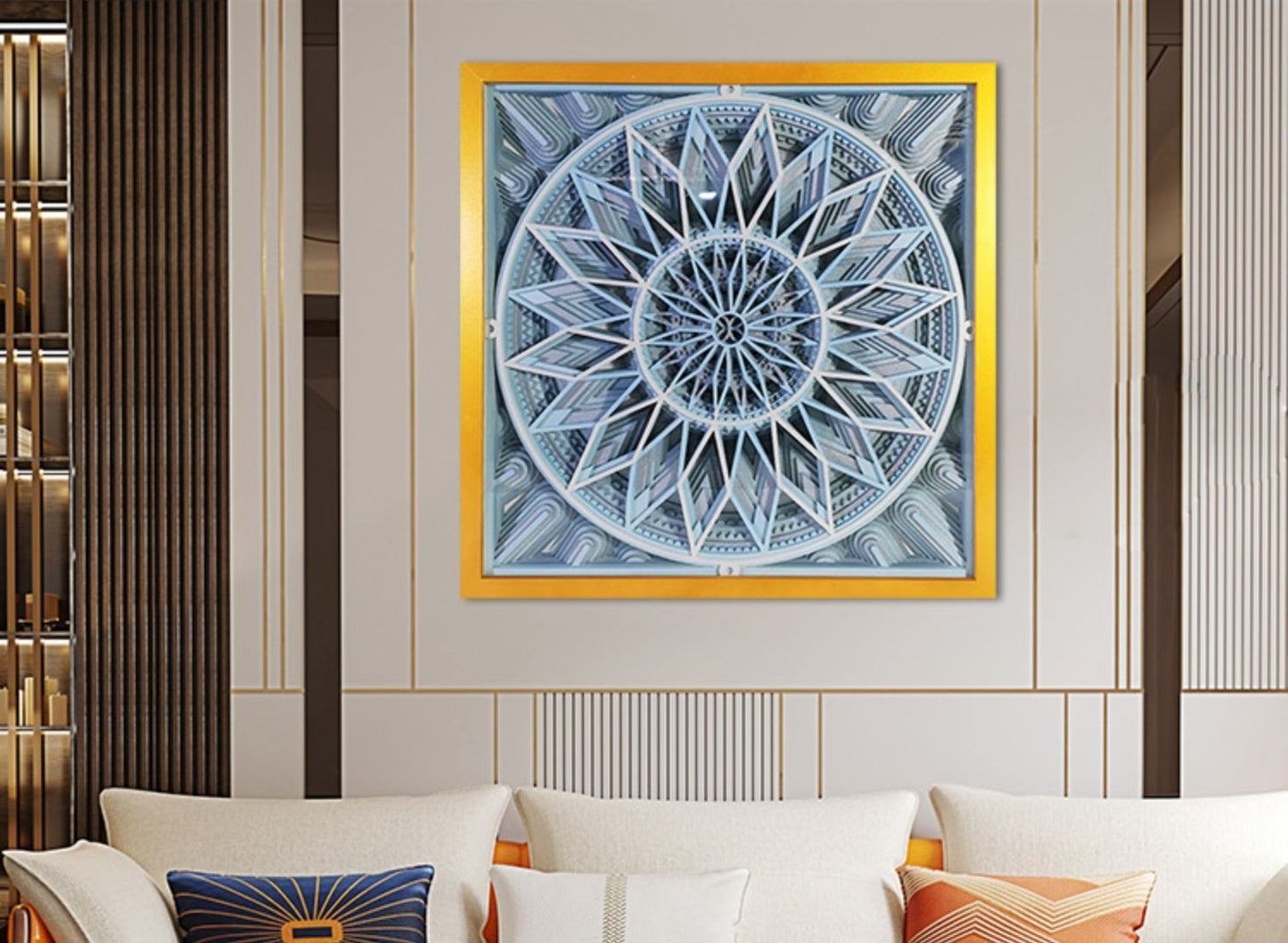 3D Wood Art Panel – Modern Geometric Mandala Wall Decor, Square Framed Living Room Sculpture (Aluminum Frame)