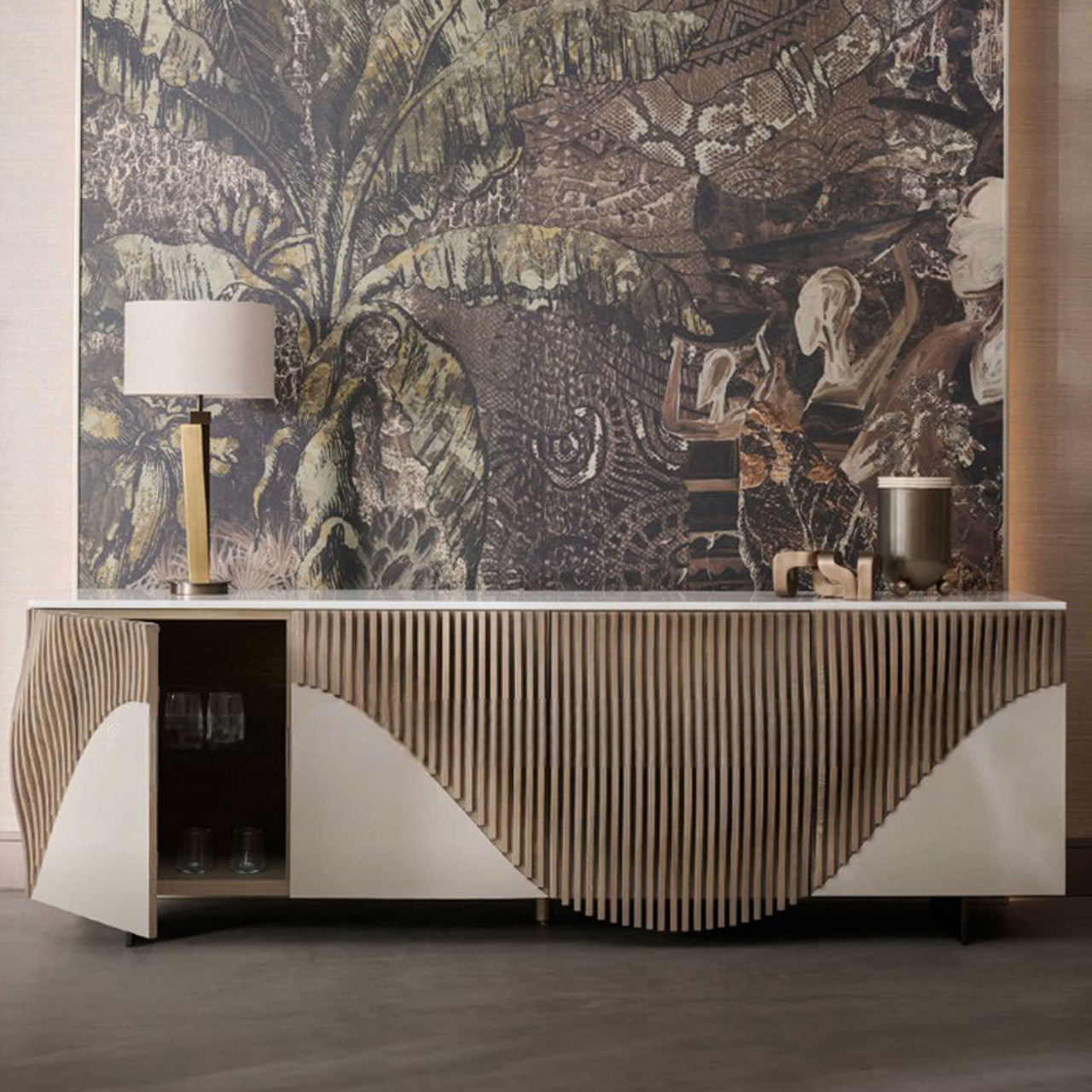Luxury Solid Wood Buffet Sideboard, Modern Wave Pattern Storage Cabinet for Living Room Entryway Villa, Four-Door High-End Console