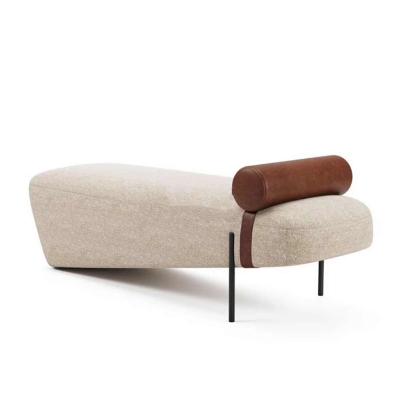 Nordic Minimalist Solid Wood Upholstered Bench, Wabi-Sabi Style Long Ottoman with Boucle Fabric and Leather Bolster, Modern Entryway Shoe Bench