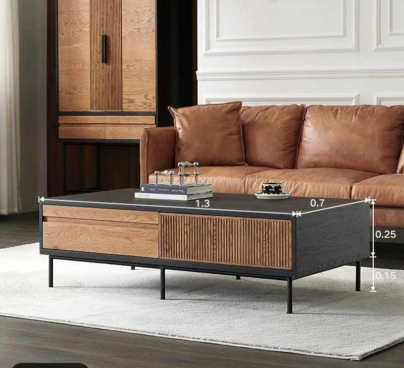 Modern Vintage Oak Coffee Table with Storage Drawers, Black and Wood Designer Center Table for Small Spaces