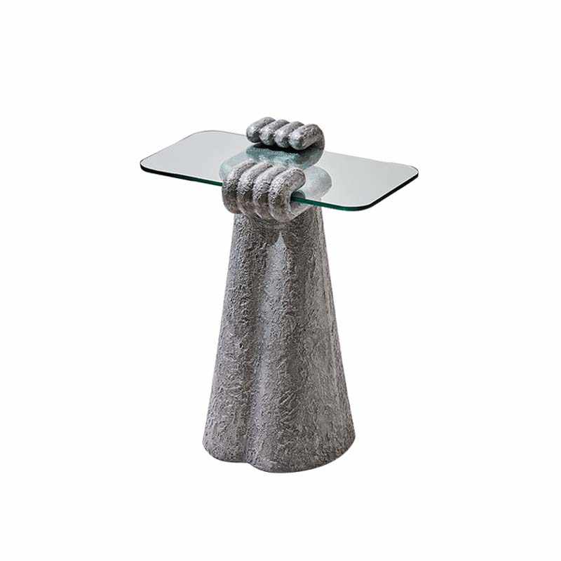 Ukrainian Fiberglass Hand Sculpture Side Table with Tempered Glass Top, Creative Palm Gesture Accent Table for Living Room