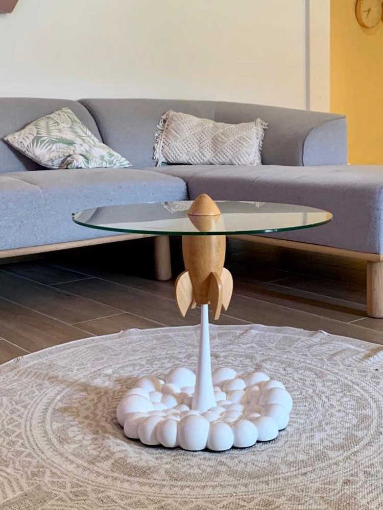 Modern Rocket Designer Coffee Table – Minimalist Resin & Glass Creative Side Table, Trendy Studio Accent for Living Room & Office
