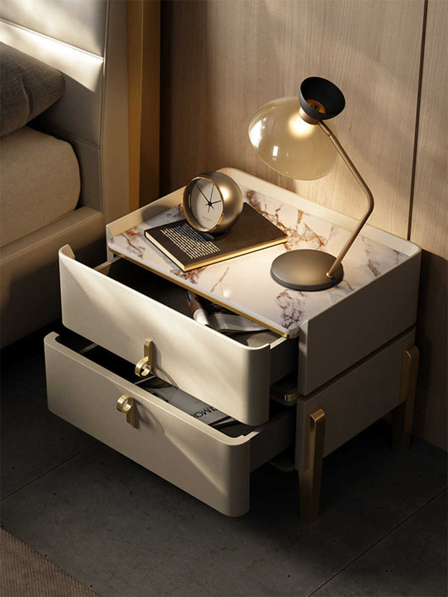 Modern Light-Luxury Sintered Stone Nightstand – High-End Solid Wood Bedside Storage Cabinet, Minimalist Double-Drawer