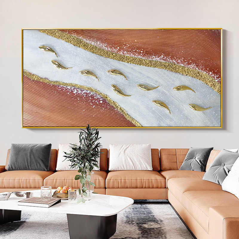 Luxury Hand-Painted Nine Koi Fish Wealth Abstract Oil Painting, 3D Textured Modern Wall Art with Black Aluminum Frame