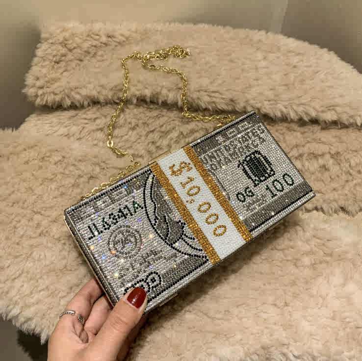 Luxury Diamond Crystal Money Stack Clutch Bag – Sparkly Evening Purse with Gold Chain Strap, Designer Novelty Handbag for Parties and Special Events