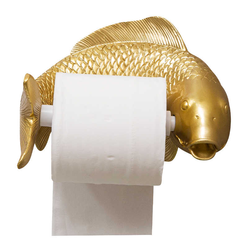 Golden Koi Fish Toilet Paper Holder, Feng Shui Bathroom Wall Mount with Detailed Scale Pattern, No-Drill Installation Creative Fish Design