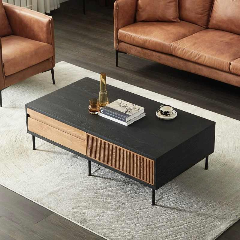 Modern Vintage Oak Coffee Table with Storage Drawers, Black and Wood Designer Center Table for Small Spaces