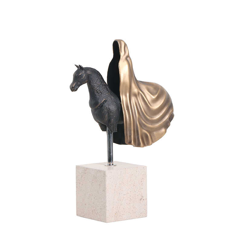 Modern Abstract Horse & Cloak Sculpture, Minimalist Geometric Artistic Desktop Statue for Living Room, Entryway, or Table, Resin & Marble