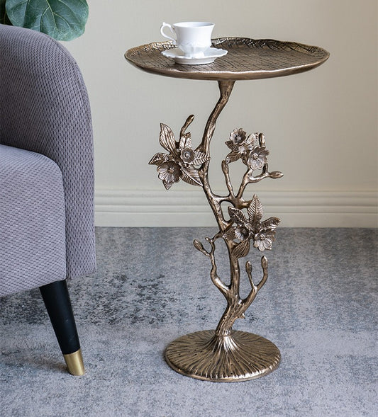 Crystal Petal Flower Accent Table, Luxury Vintage Gold Floral End Table for Living Room, Bedroom, Balcony