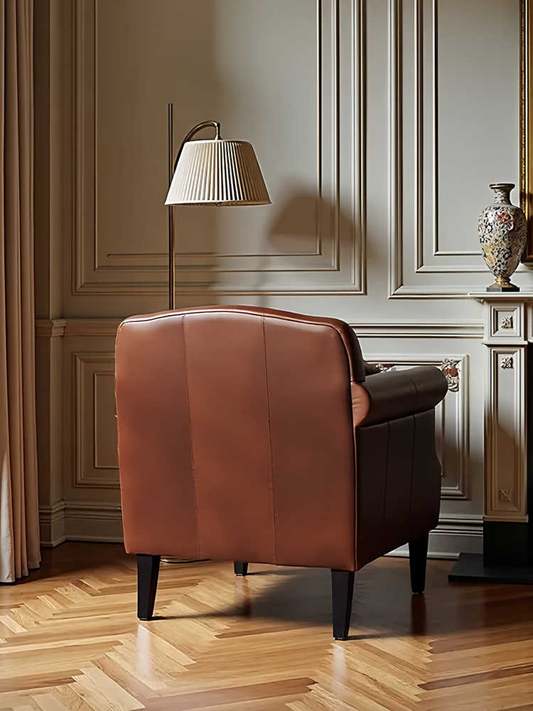 Vintage Genuine Leather Club Chair – Retro Small Living Room Accent Armchair, Brown Tufted Reading Lazy Chair