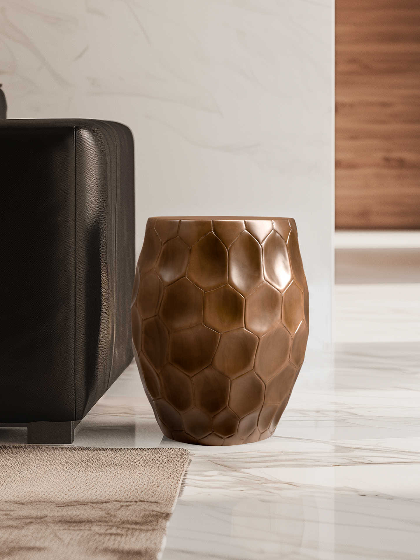 Premium Solid Wood Geometric Side Stool, Luxury Honeycomb Root-Carved Low Stool, Creative Designer Accent Ottoman