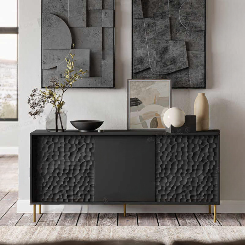 Modern Luxury Black Textured Sideboard Buffet Cabinet, Minimalist Living Room Storage Console, Entryway Cabinet