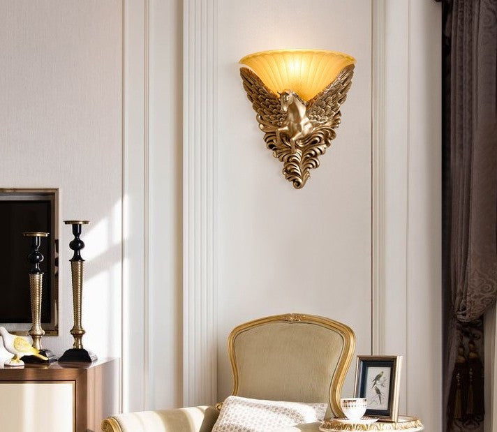 Gold Pegasus Wall Lamp Pair, Winged Horse Resin & Glass Sconce for Living Room, Bedroom, Hallway Décor, (Left/Right Pair)
