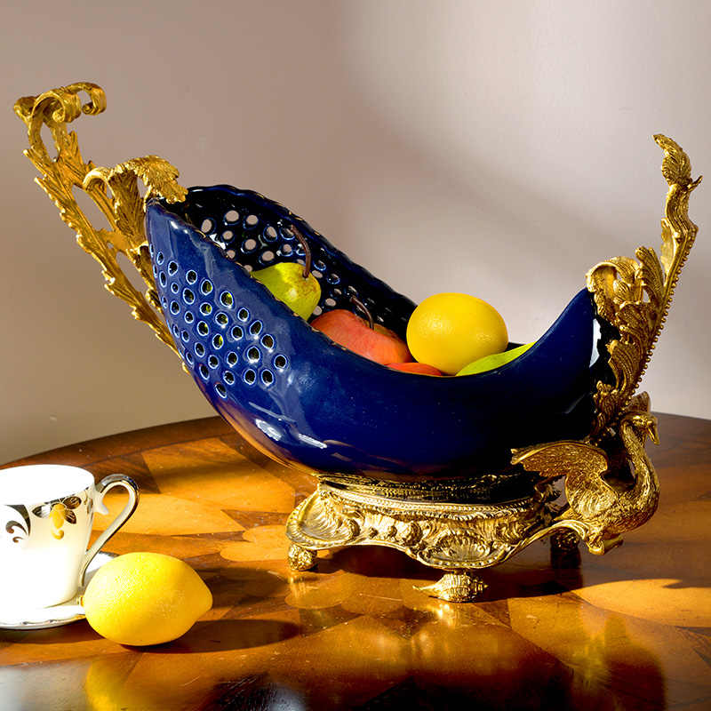 Luxury Blue Porcelain and Brass Swan Fruit Bowl, Classical Centerpiece for Living Room, Dining Table, and Decorative Display