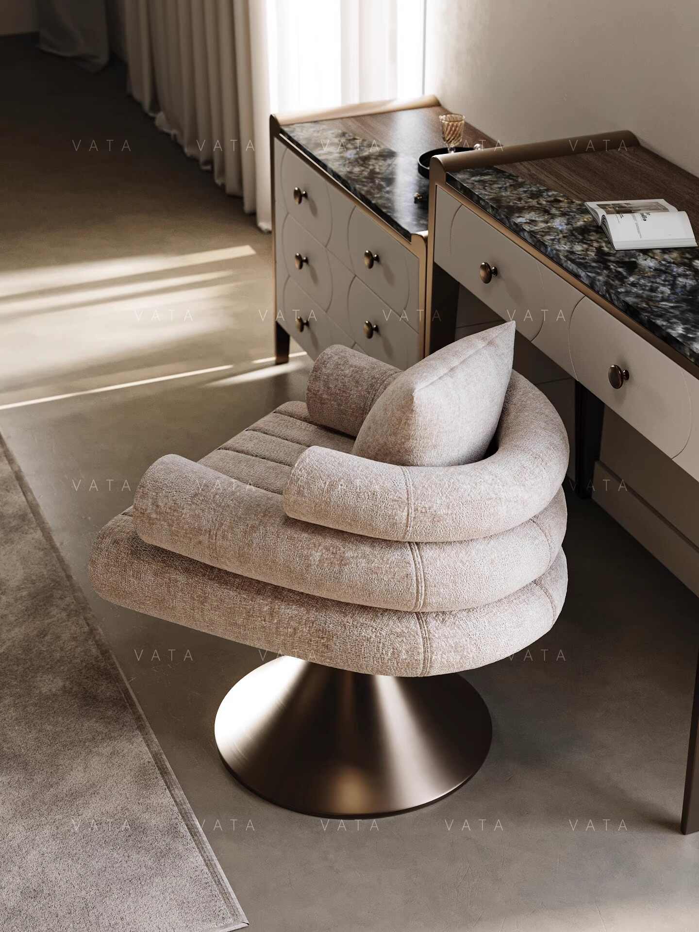 Designer Italian Minimalist Swivel Vanity Chair – Luxury Contemporary Upholstered Accent Chair with Sculptural Cylindrical Arms
