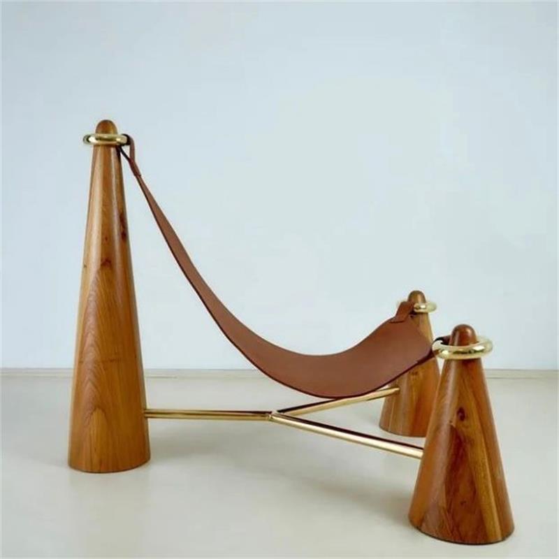 Modern Luxury Leather and Wood Accent Chair, Designer Camel Sling Lounge Chair with Brass, Minimalist Living Room or Hotel Armchair