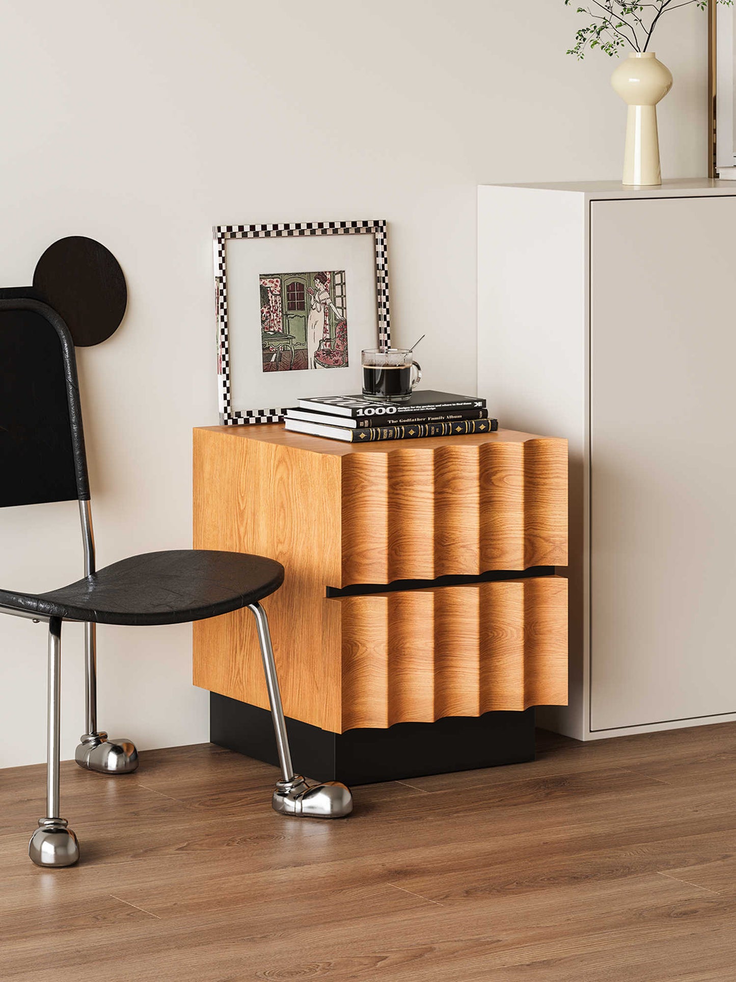 Modern Wave Pattern Solid Wood Nightstand – Two-Drawer Bedside Table with Black Accents, Contemporary Storage Cabinet for Bedroom and Living Room