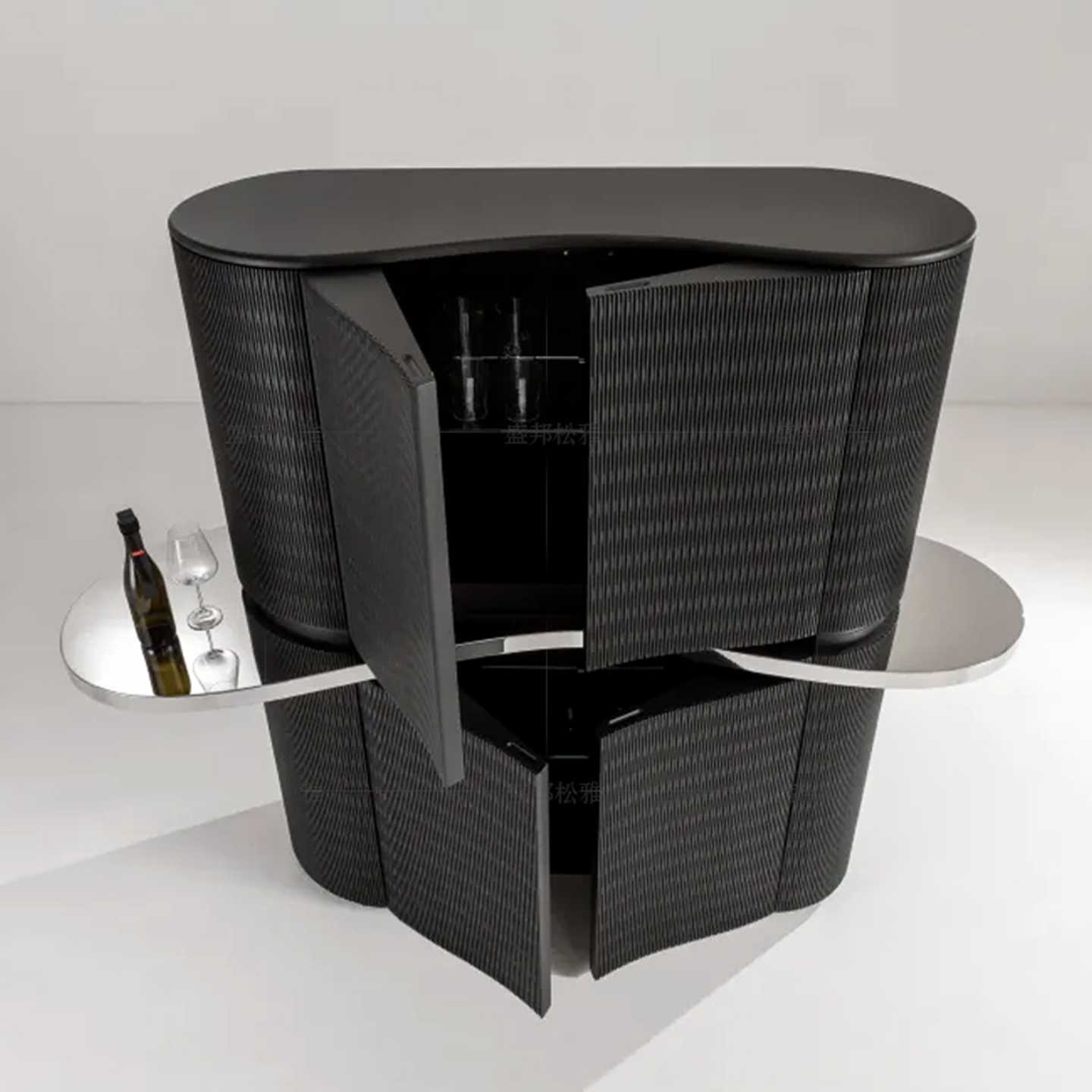 Curved Bar Cabinet in Black – Modern Sculptural Wine Display with Stainless Steel Accents, Designer Luxury Storage Cabinet for Contemporary Living Rooms