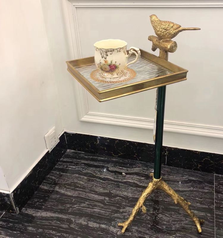 Luxury Brass Accent Side Table, Artistic Gold Sofa End Table with Bird Motif, Living Room Leisure Tea Table