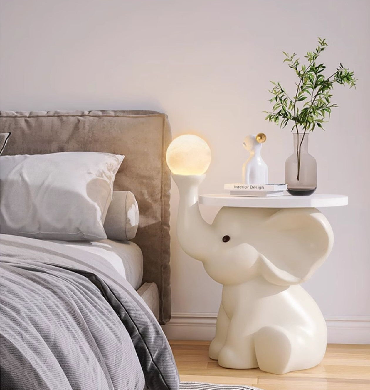Elephant Side Table with LED Light, Modern Cream White Resin Animal Accent Table for Living Room