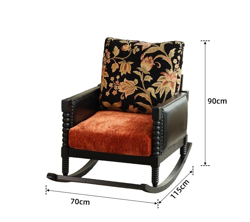Vintage Solid Wood Rocking Chair – Designer Black/Floral Jacquard Lounge, Balcony/Study/Leisure