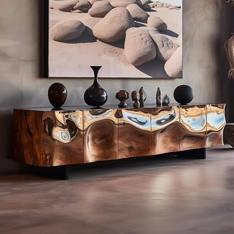 Designer Sculptural Walnut TV Stand, Italian Luxury Postmodern Media Console Cabinet, High-End Artistic Wood Sideboard for Living Room