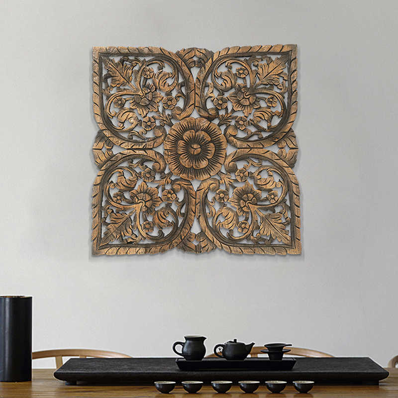 Clearance Thai Teak Lotus Carved Wall Panel, Southeast Asian Hotel & Spa Decor Relief Art