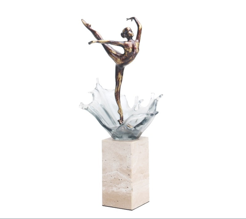 Luxury Modern Ballerina Art Sculpture, Abstract Metal Dancer with Glass Splash on Marble Pedestal for Living Room, Entryway, Office, or Hotel
