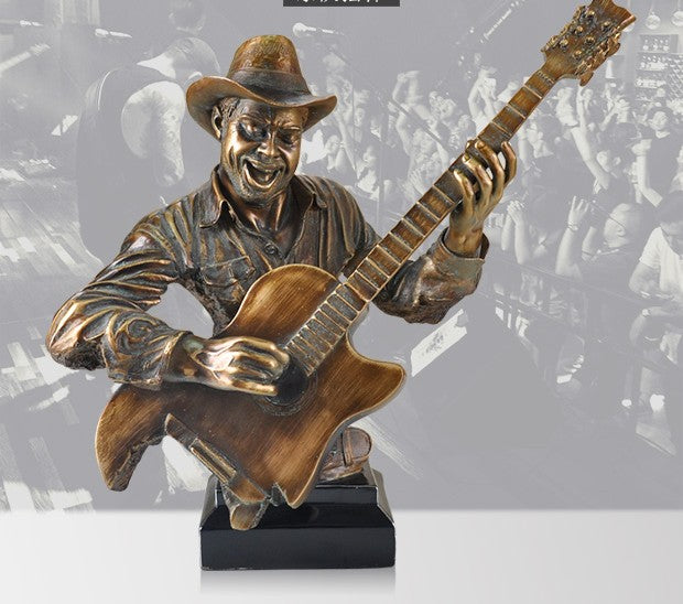 Bronze Guitarist Sculpture – Cold Cast Antique Bronze Resin Musician Figurine, Music Band Art for KTV Bar & Studio Decor