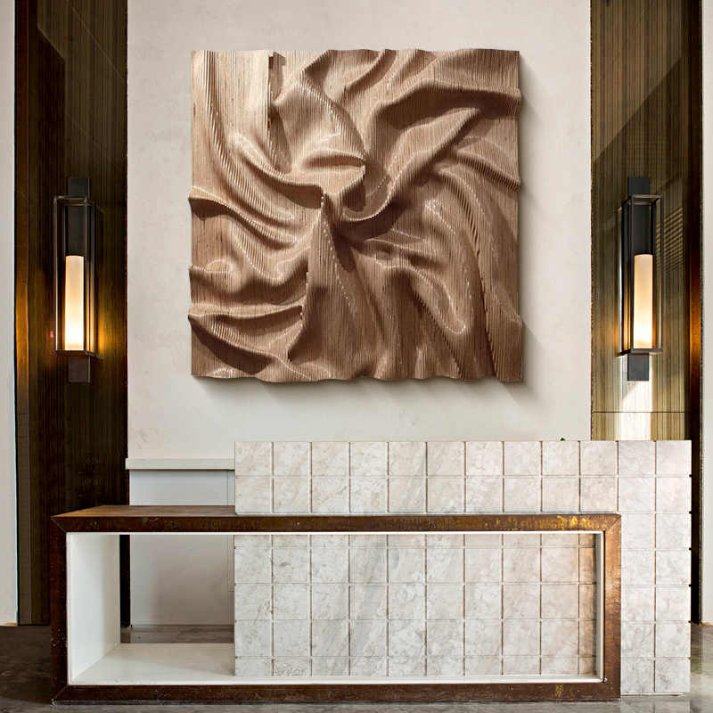 High-End Hand-Carved Solid Wood 3D Wall Relief Art, Luxury Hotel Lobby & Sales Gallery Installation, Sandstone Texture Hand-Painted Wall Panel – Unframed
