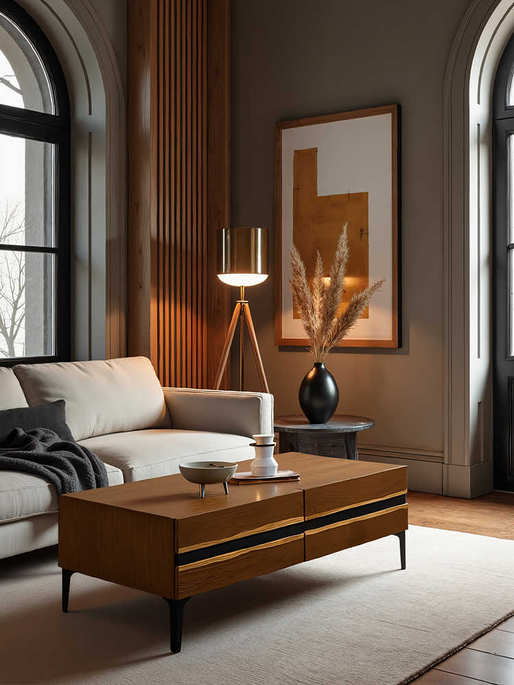 Retro Modern Solid Oak Coffee Table – Minimalist Rectangular Living Room Centerpiece with Drawers, Caramel Finish