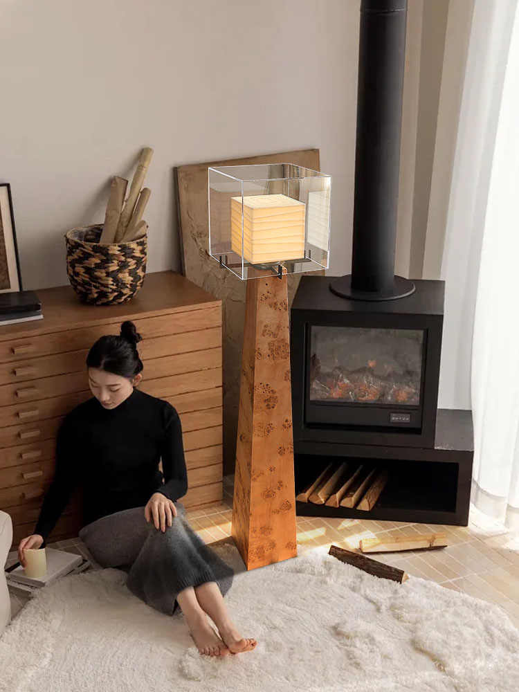 Solid Wood Burl Floor Lamp, Retro Art Standing Light for Hotel Lobby, Villa, or Living Room (Luxury Ash Wood)