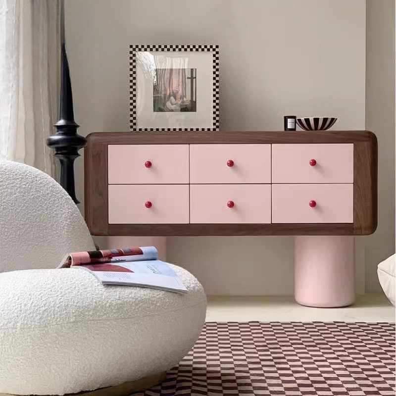 Pink Lacquer Artistic Console Cabinet, Modern Minimalist Entryway Sideboard, 6-Drawer Storage Dresser