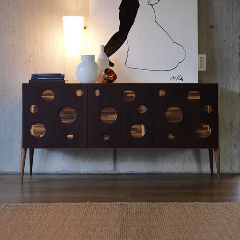 Italian Mid-Century Modern Sideboard with Circular Cut-Out Design, Walnut Wood Credenza with Tapered Legs, Contemporary Storage Cabinet