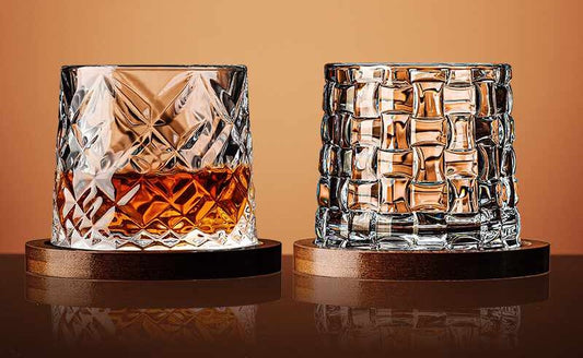 Luxury Crystal Whiskey Glass Set – Thickened Rotating Old Fashioned Tumblers, Diamond and Bamboo Pattern, 280ml, Set with Coasters